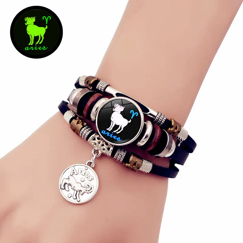 New 12 Constellation Zodiac Sign Leather Bracelet Taurus Leo Virgo Libra luminous Glass Dome Jewelry Punk Handmade Men Bracelet
