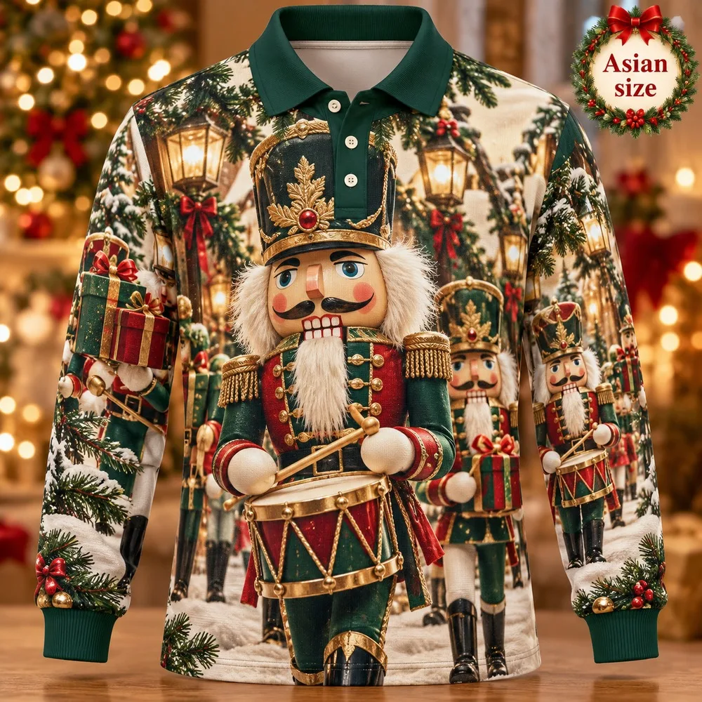 2026 Nutcracker Parade Long Sleeve Polo Shirt for Men 3D Print Polyester Holiday Graphic Festive Casual Winter Fashion Outfit