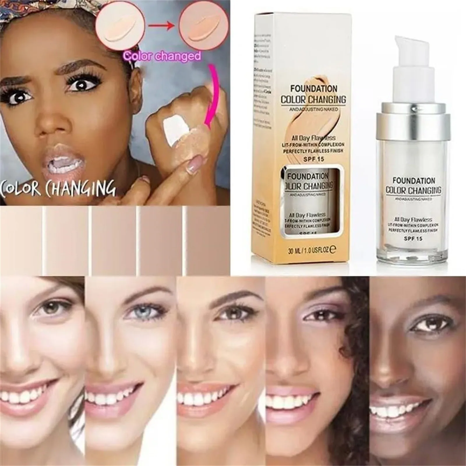 1/4 PC Colour Changing Mature Skin Foundation, Terminaten Foundation, Foundation Color Changing, Hydrating Waterproof  15, 30ml