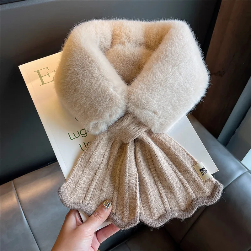 Winter Ruffle Knitted Cross Scarf Faux Rabbit Fur Thickened Soft Scarves for Women Winter Patchwork Neck Warmer Collar Scarf