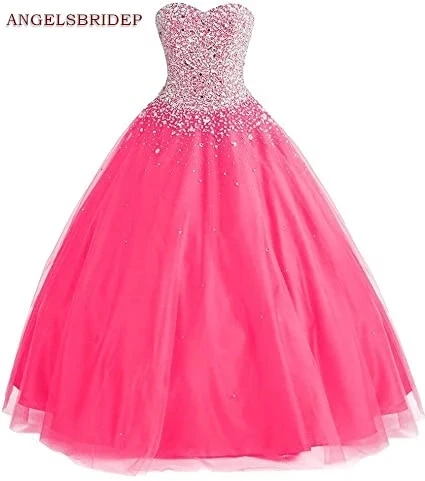 

ANGELSBRIDEP Hot-Pink Sweetheart Ball Gown Quinceanera Dresses For 15 Party Crystal Tulle Sweet 16 Princess Birthday Occasion