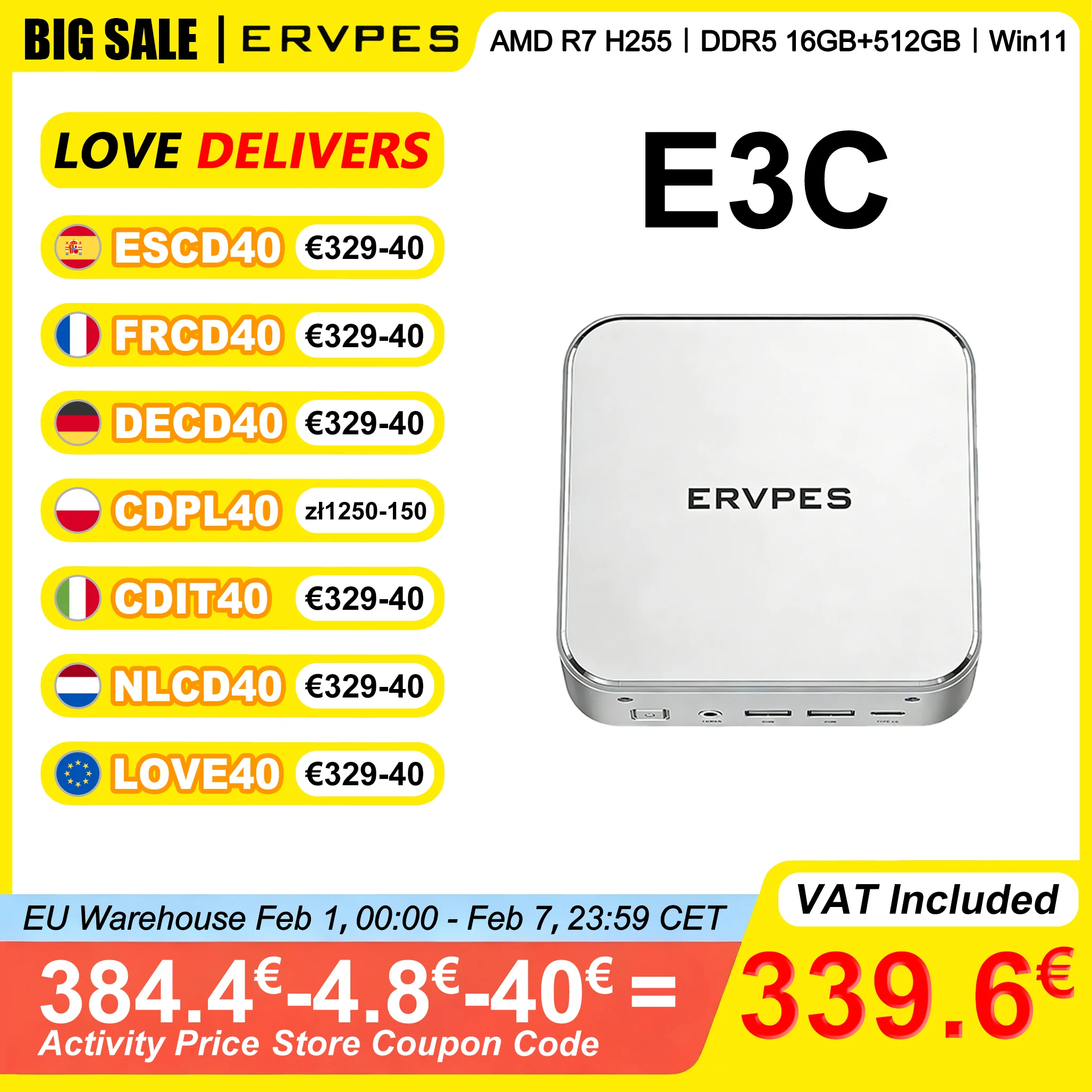 ERVPES E3C Mini-PC 16GB DDR5 5600MHz RAM 512GB ROM AMD Ryzen7 H255 Windows 11 AMD Radeon 780M 4K @ 60Hz WiFi6 Bluetooth 5.2