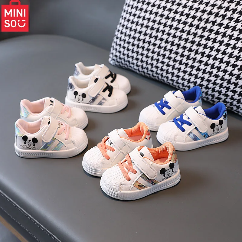 

Miniso White Casual Shoes For Baby Boy Girl Brand Children Sneaker Mickey Mouse Kids Shoes Toddler Walking Shoes Size 15-25