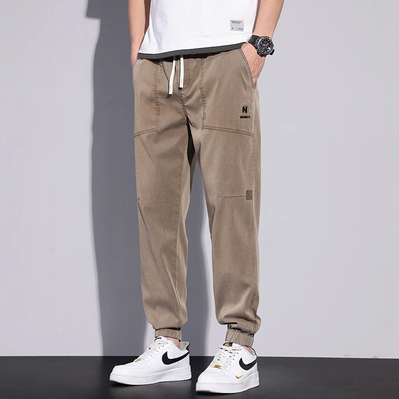 Calça casual bordada com estilo básico masculina, calça fina e elástica com cordão, roupa coreana, vitalidade juvenil, verão, 2024