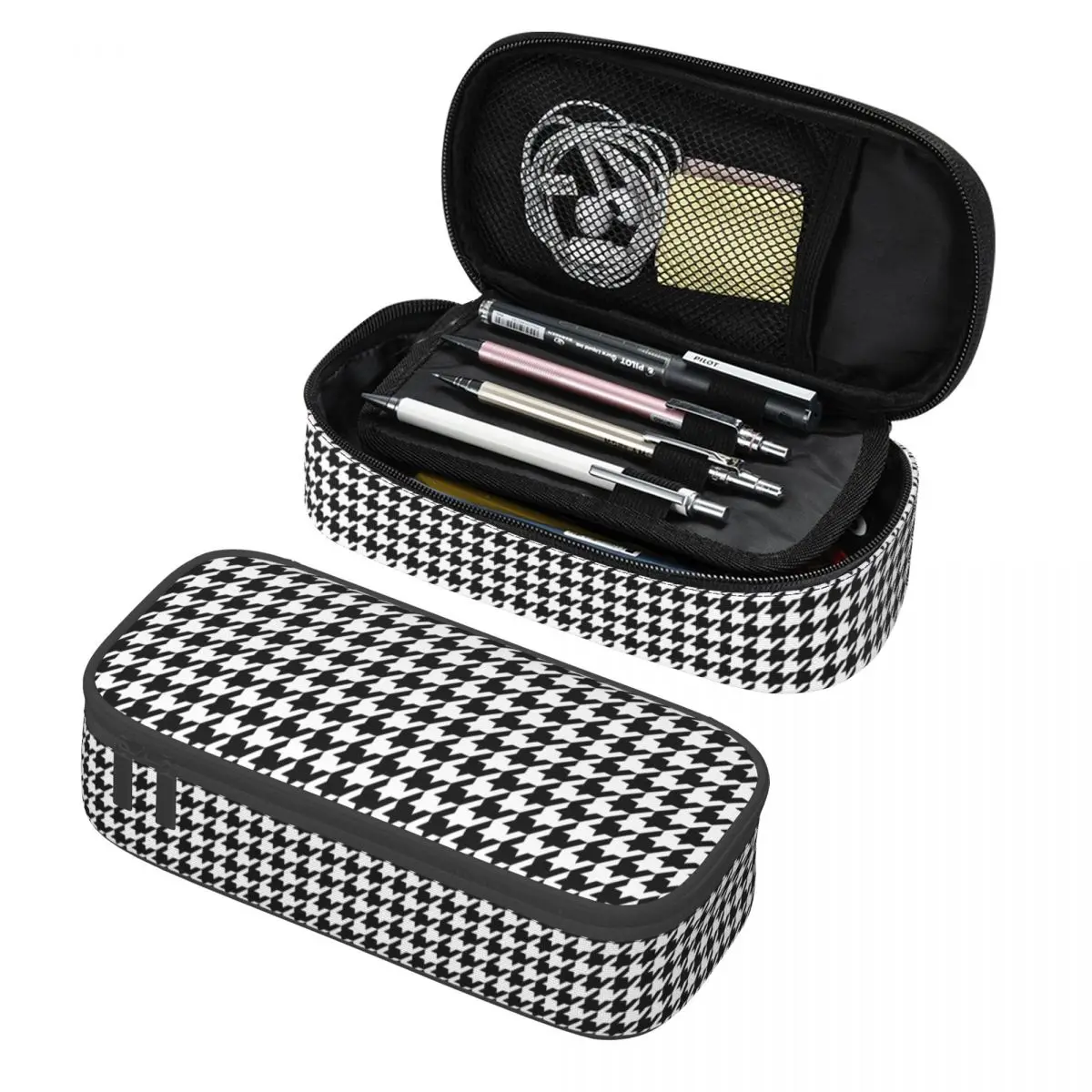 Custom Houndstooth Black And White Checkered Kawaii Pencil Case Large Capacity Dogstooth Geometric Pencil Pouch School Supplies