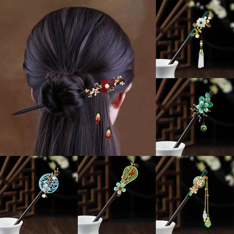 Vintage Wooden Hair Stick Chinese Style Winding Flower Hairpin With Tassel Classical Elegant Lady Hair Clip Hair Accessories