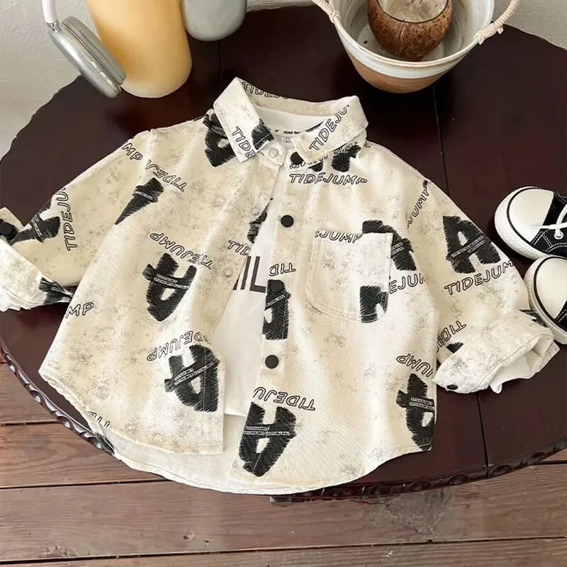

Boys' Spring Shirt Fashion New Style Children's Letter Casual Long Sleeve Top Handsome Coat