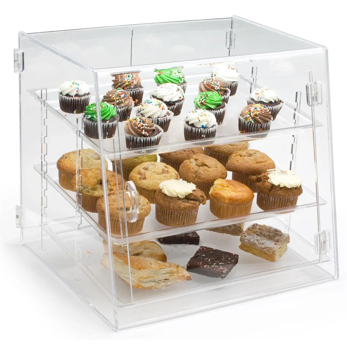 Manufacturer 3 Removable Trays Front And Rear Doors Clear High-Quality Acrylic Pastry Display Stand Rack Shelf Case For Sales