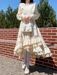 2024 Winter Lace Elegant Loose Skirt Women Korean Fashion Retro Midi Skirt Female Casual Ruched Vintage Lolita Designer Skirt
