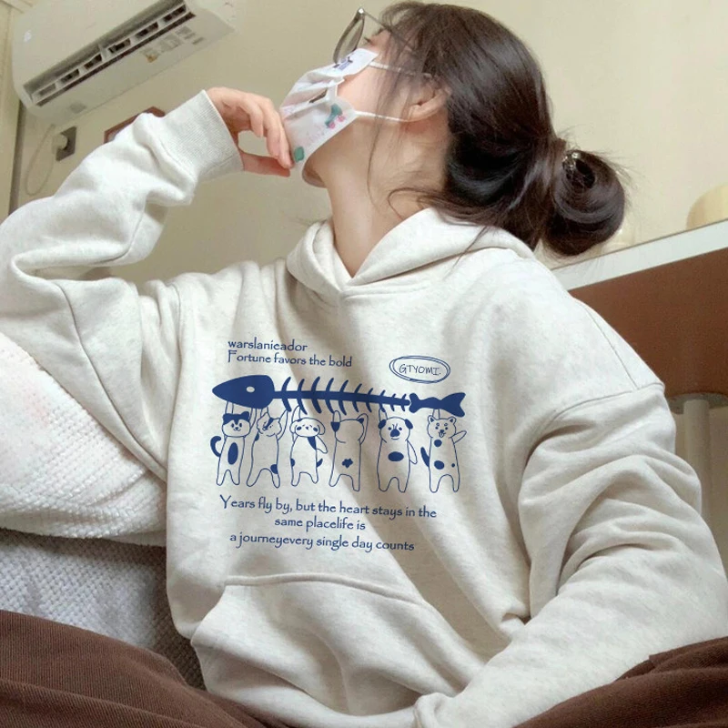 Korean Kawaii Cat Pattern Casual Oversize Hooded Sweatshirt for Women 2025 Winter Retro Velvet Oversize Women's Sweatshirt Y2k