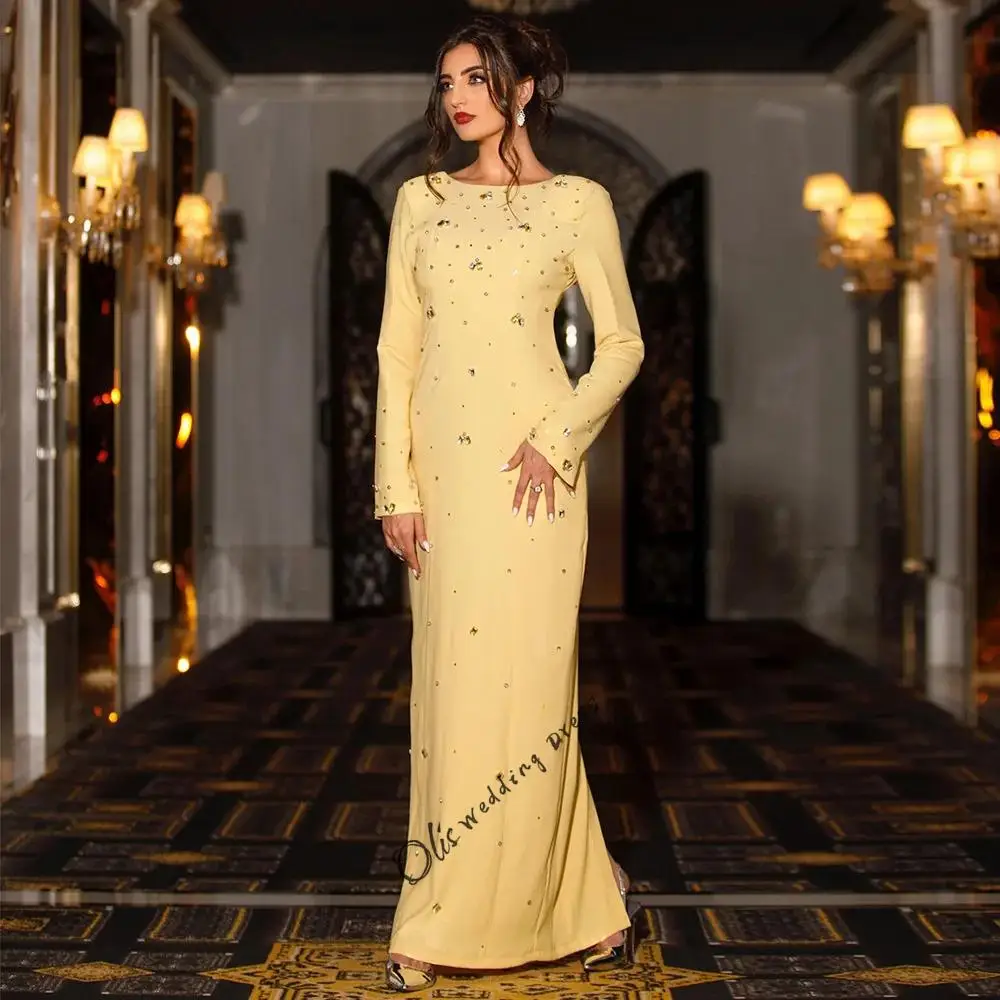 customized Yellow Evening Dress Saudi Party Gown Round Neck Long Sleeves Back Slit Crystal Stones Straight Prom Dresses for Danc