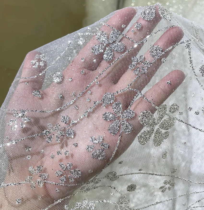 White Lace Sequined Bronzing Tulle Fabric Draping for Wedding Dress Fabric
