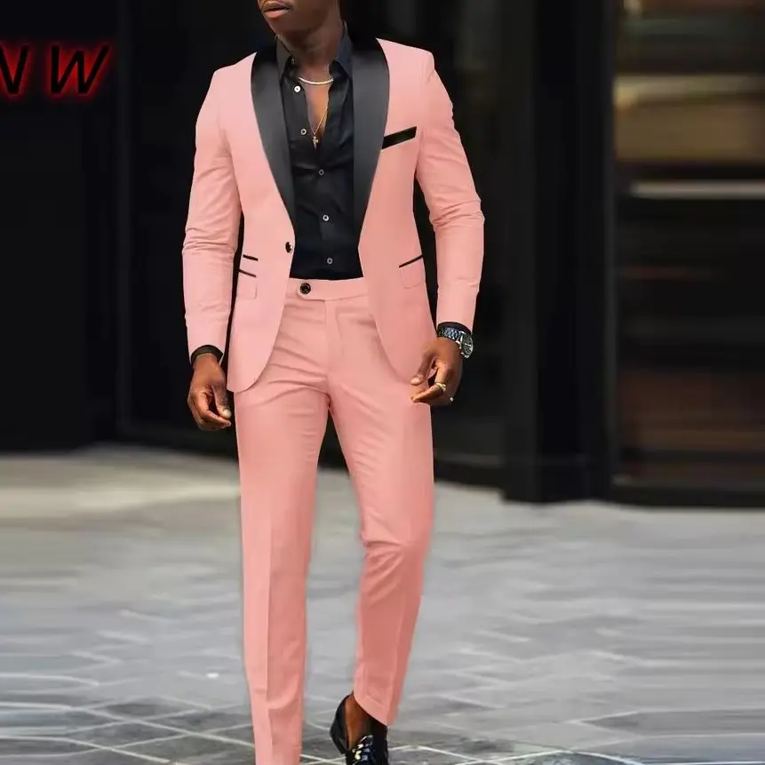 Autumn Men Two-piece Set Patchwork Single-breasted Long Sleeve Blazer Man Straight-leg Pants Slim Wedding Male Suit Outfit