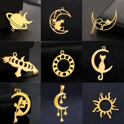 EUEAVAN 5pcs Moon Phase Sun Cat Stainless Steel Pendant Planet Animal Charms Women Necklace Earrings Jewelry Making Supplies DIY
