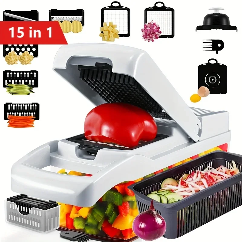 قطعة واحدة 15 في 1 مفرمة خضروات يدوية مع شفرات قابلة للاستبدال وعاء تخزين - قطاعة طعام بلاستيكية قوية #5