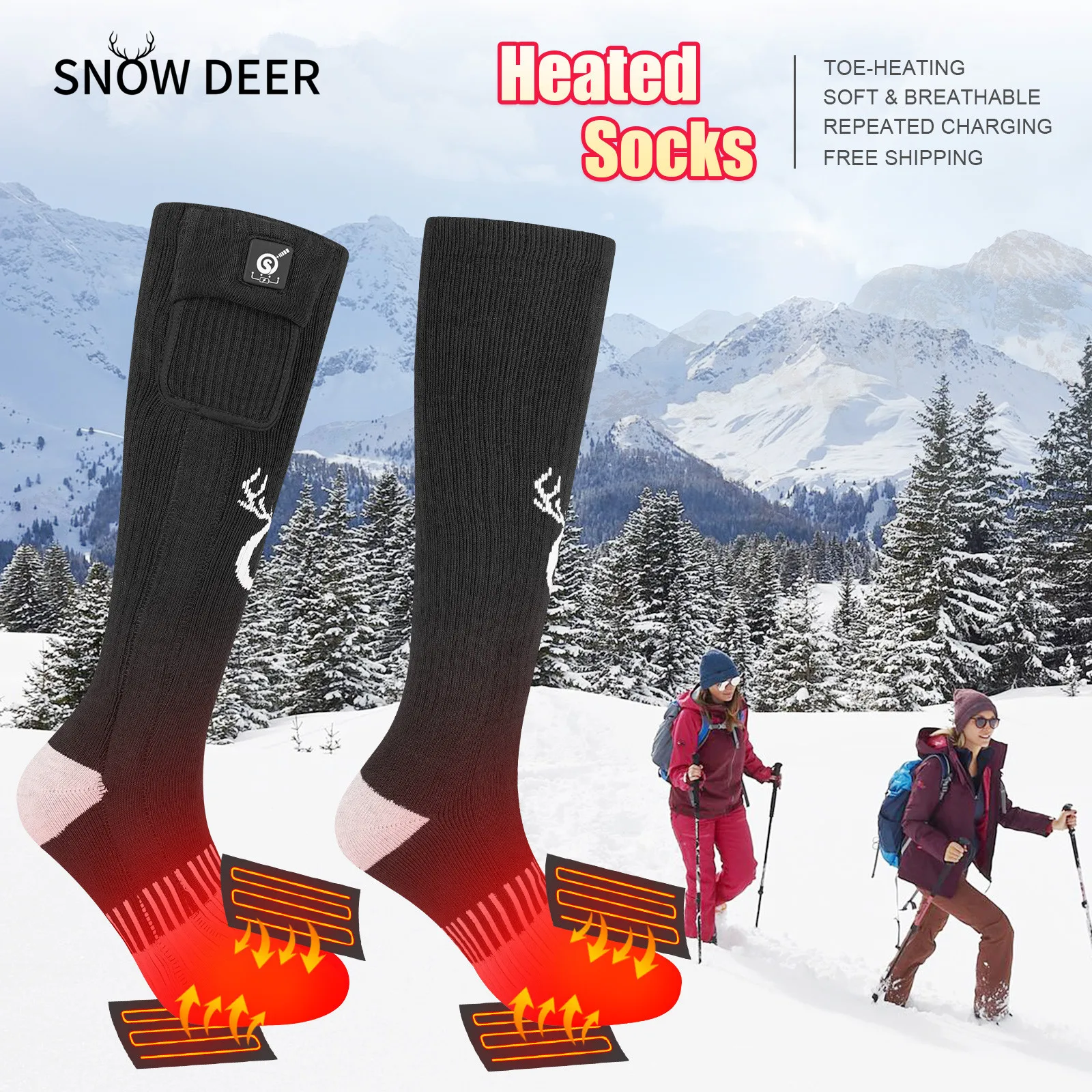 SNOW DEER Rechargeable Electric Heated Socks Men Women Winter Ski Outdoor Riding Camping Hiking Warm Winter Socks With Battery