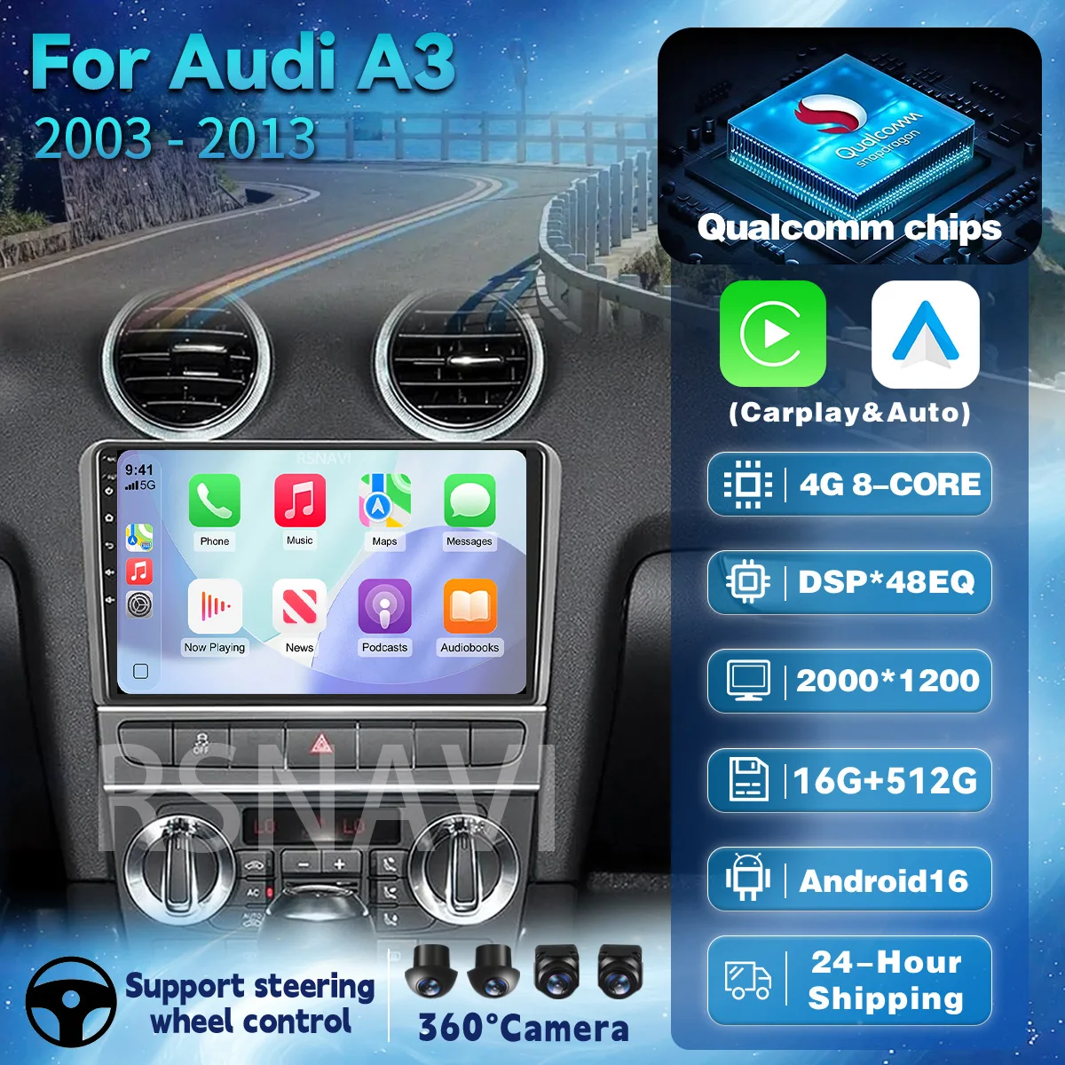 Android 16 Carplay Auto GPS Navigation Radio Multimedia Player For Audi A3 8P 2003-2013 2din Car Radio Head Unit video Stereo