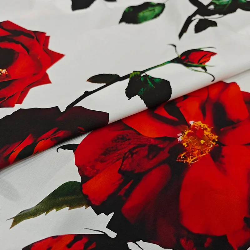 Red Rose Print Pattern DIY High Quality Pure Cotton Clothing Fabric Brand Spring Summer Runway Women\'s Dresses Fabric Cloth