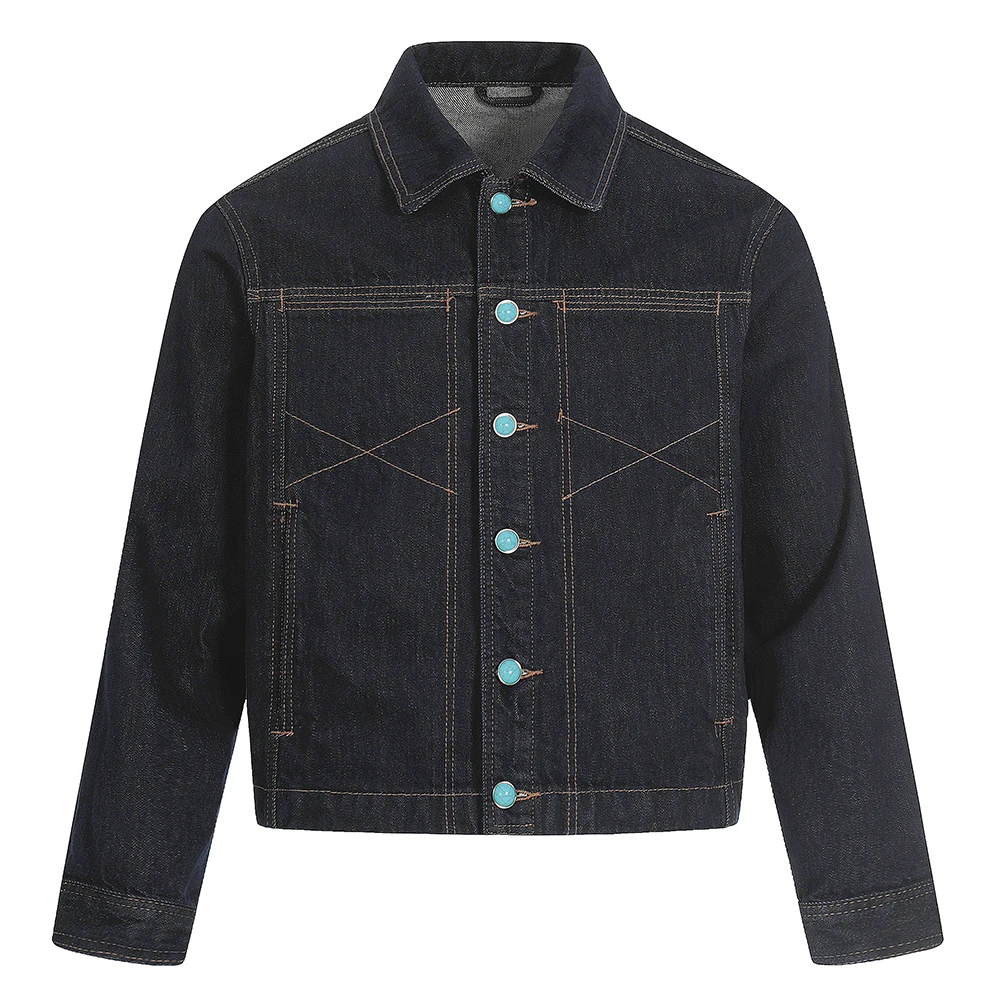 

Men Turquoise Button Denim Jacket Casual Short Style Raw Jean Coat Vintage Outerwear