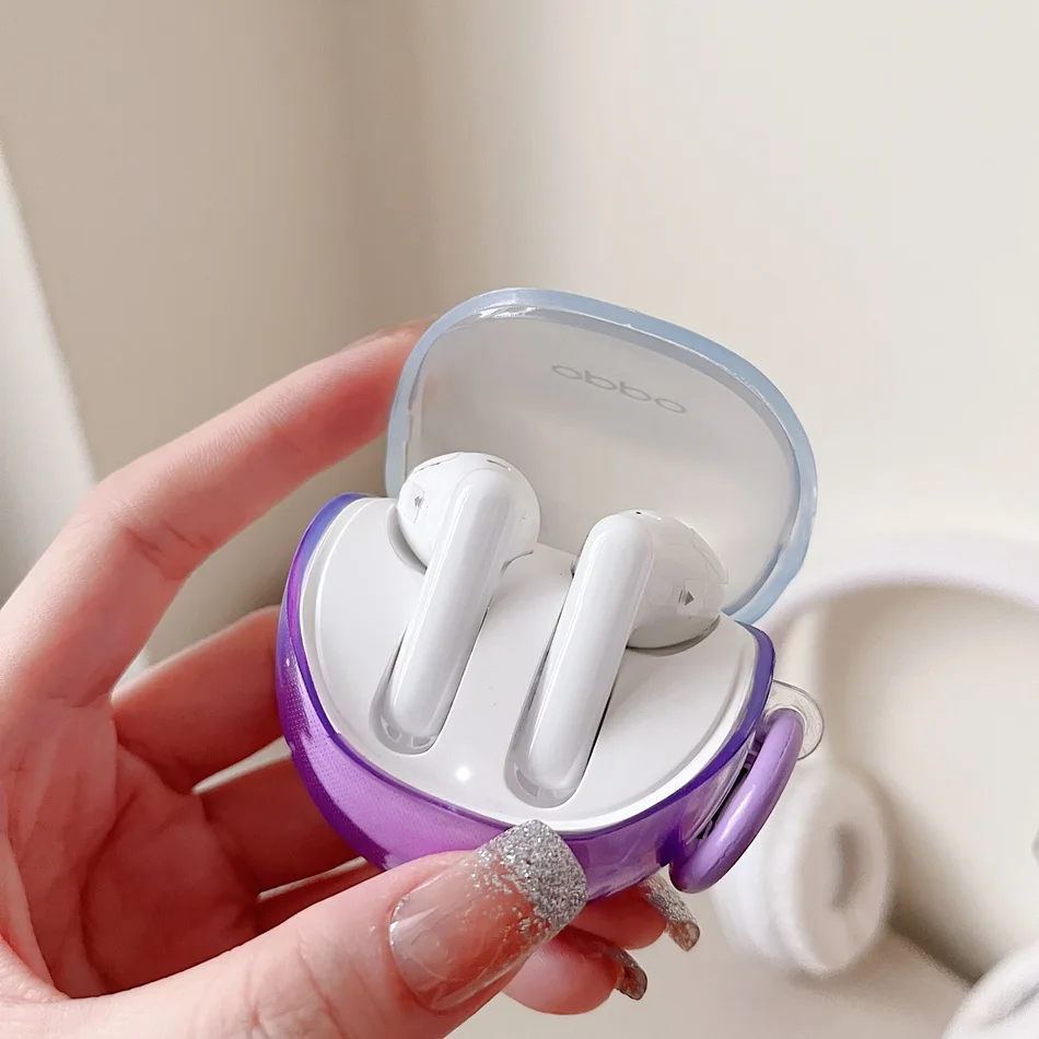 Sarung ponsel untuk OPPO Enco R2, penutup Earphone TPU silikon Bluetooth detak jantung warna-warni gradien transparan untuk OPPO Enco r2