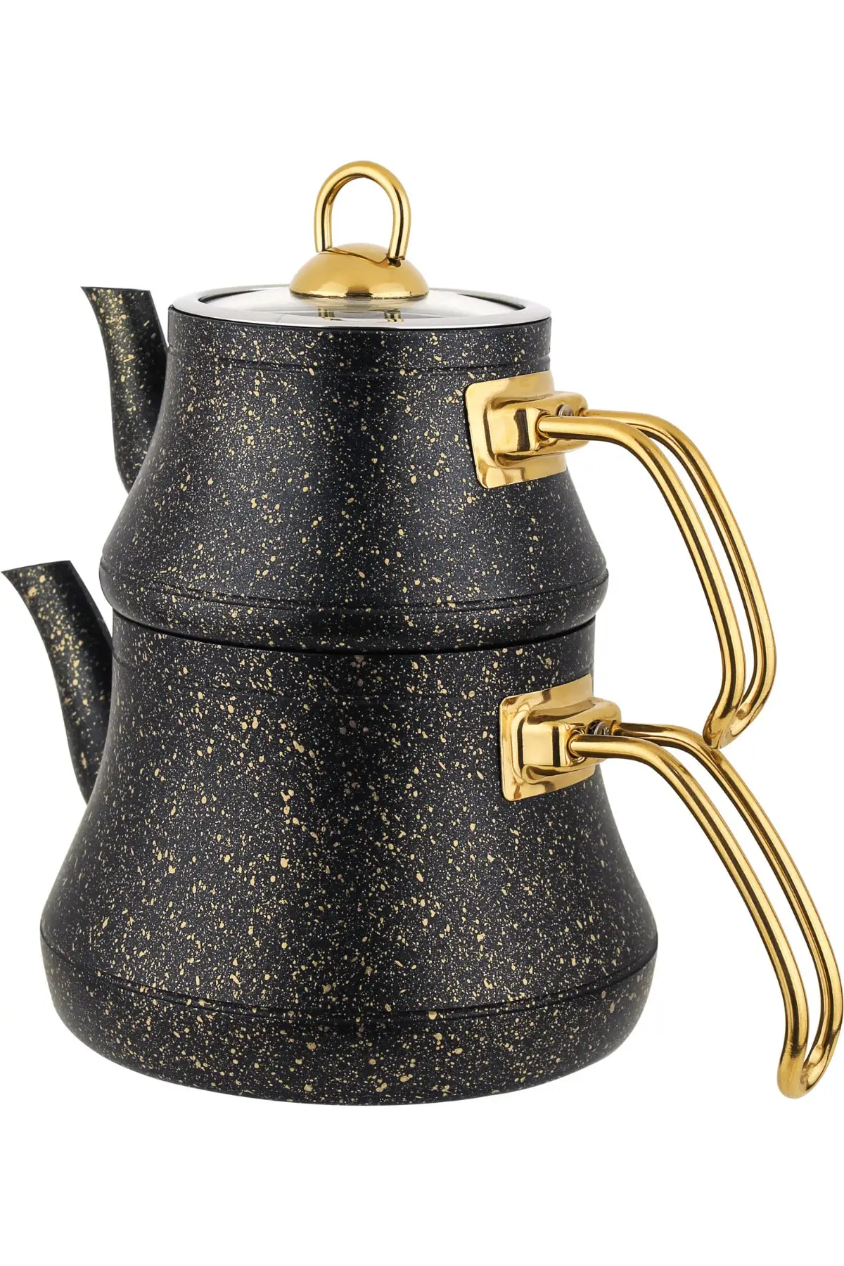 Black Medium Size Granite Teapot Gold Metal Handle