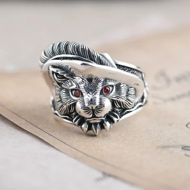 Retro Zodiac Cat Fashion Domineering 925 Sterling Silver Jewelry Personality Feathers Opening Rings  02305
