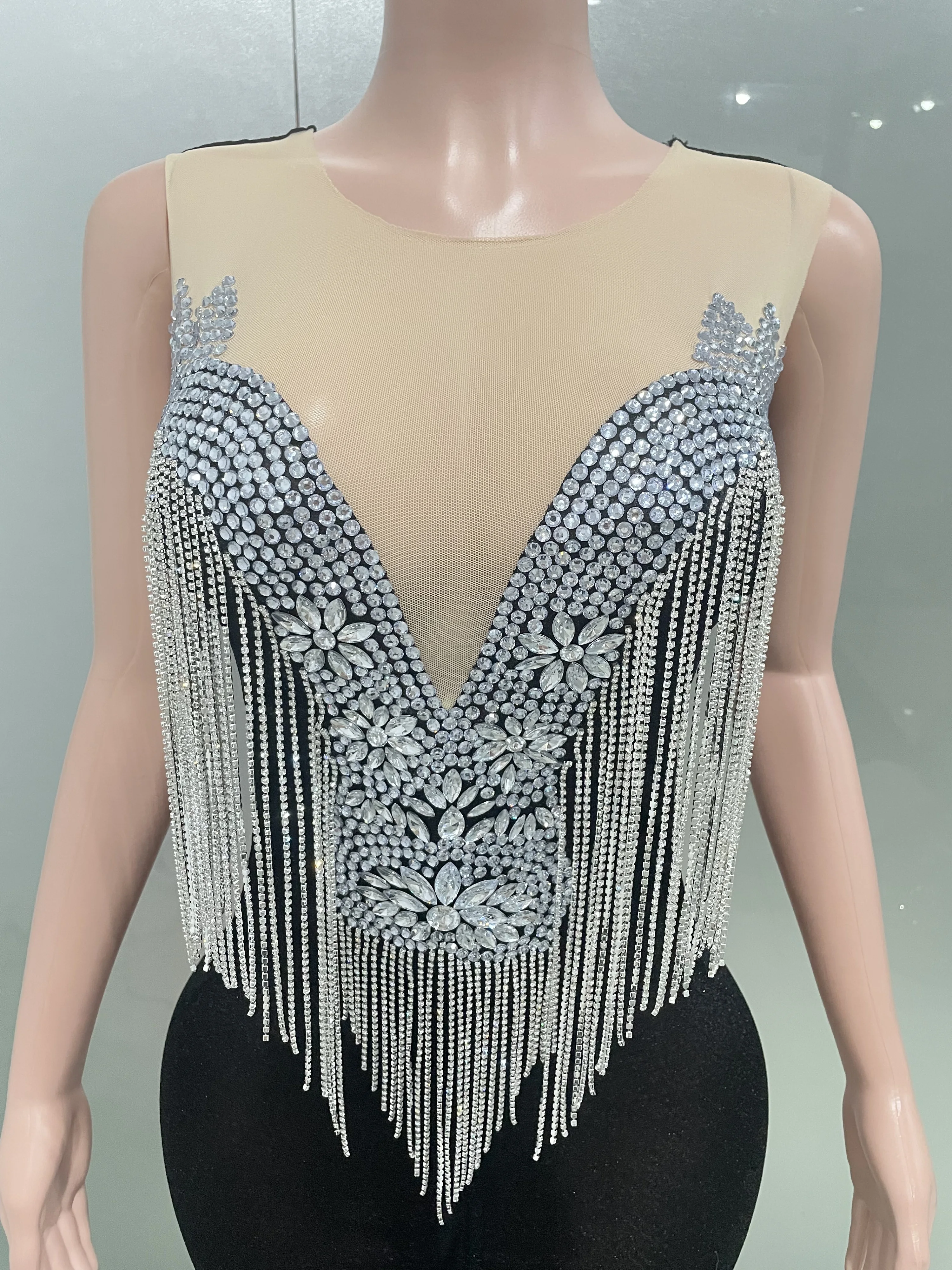 ストック レディース ノースリーブ セクシー ダイヤモンドチェーン メッシュ ロング丈 ボディコン ドレス エレガント イブニングパーティー セレブレーションドレス ベスティード