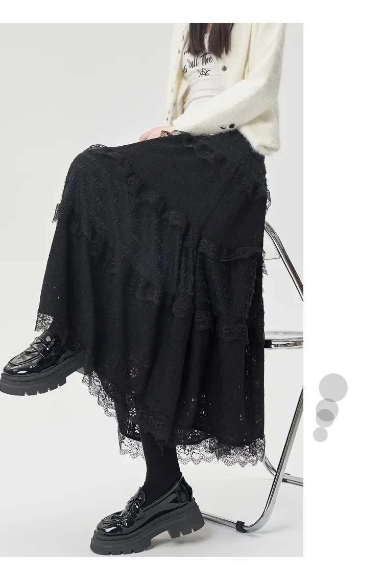 Gentle Wind High Waist A-Line Lace Splicing Long Skirt Women's Fairy Tale Cake Skirt Mid-Length Midi Skirt for Autumn Winter