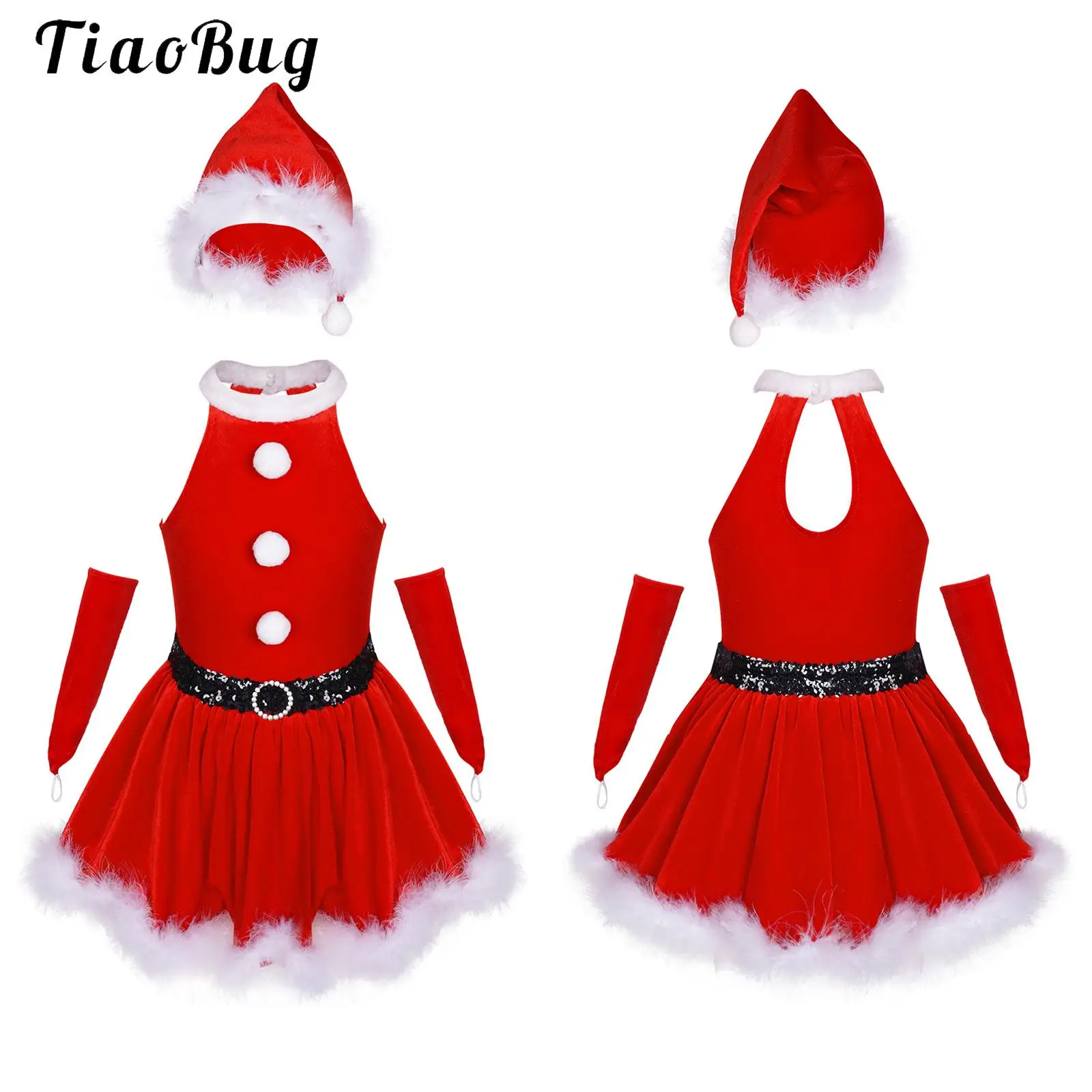

Girls Christmas Dance Costume Belted Sleeveless Santa Claus Cosplay Velvet Tutu Dress Ballet Skating Leotard Performance Outfits