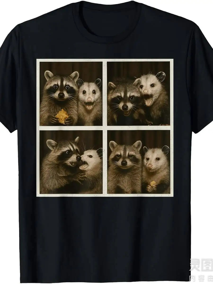 Funny Possum Raccoon Photobooth Selfie T-Shirt - Retro Vintage 4 Poses (Front Profile Side Back) Heavyweight 220Gsm Loose Fit