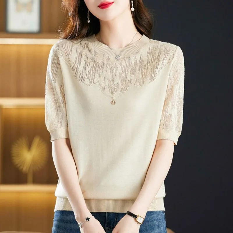 여성 스윗 스웨터 한국 라운드넥 시크 반팔 블라우스 풀오버 여름 레트로 슬림 홀터넥 크롭탑