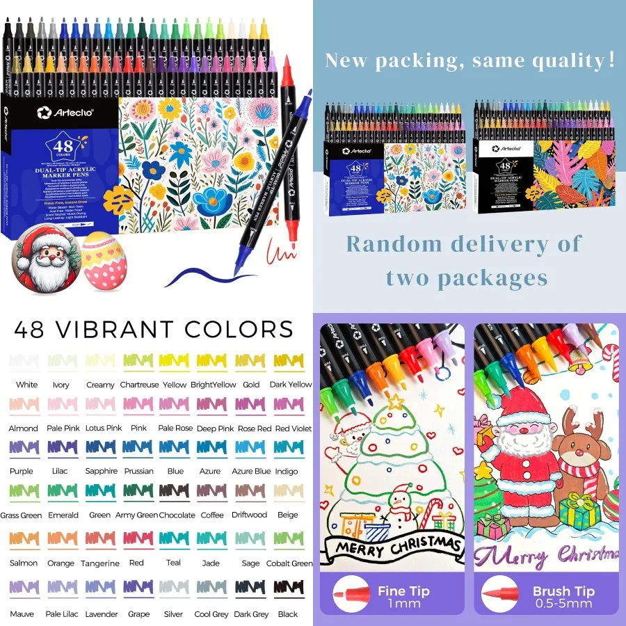 

48 Colors Acrylic Paint Markers with Brush Tip and Fine Tip for Stone Rock Painting Paper Pumpkin Wood Egg Canvas Ceramic Fabri