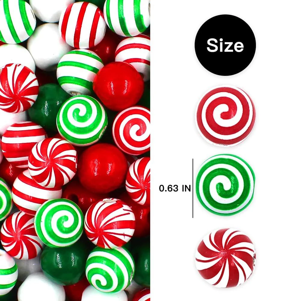240Pcs Wooden Beads Christmas Candy Candy Swirl Bead Round Craft Bead for DIY Garland Jewelry Xmas Party Home Decoration