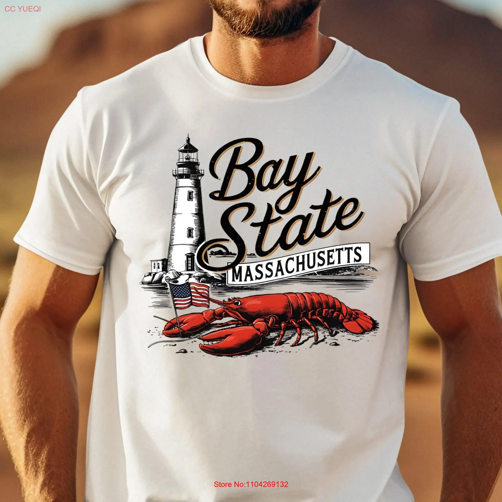 Футболка «Бэй Штат Массачусетс» Маяк Лобстер Патриотический пляжный отдых Прибрежная одежда из Новой Англии