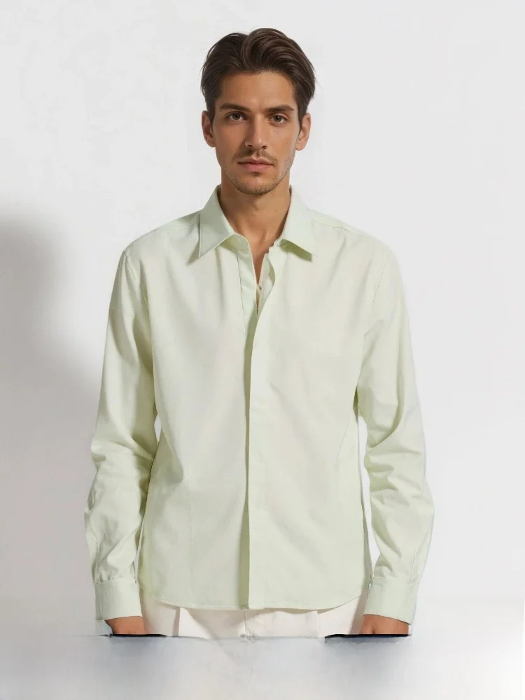 

Итальянская мужская деловая рубашка класса люкс, стандартный крой, длинный рукав, на пуговицах, из смесового хлопка и льна, молодежная мода