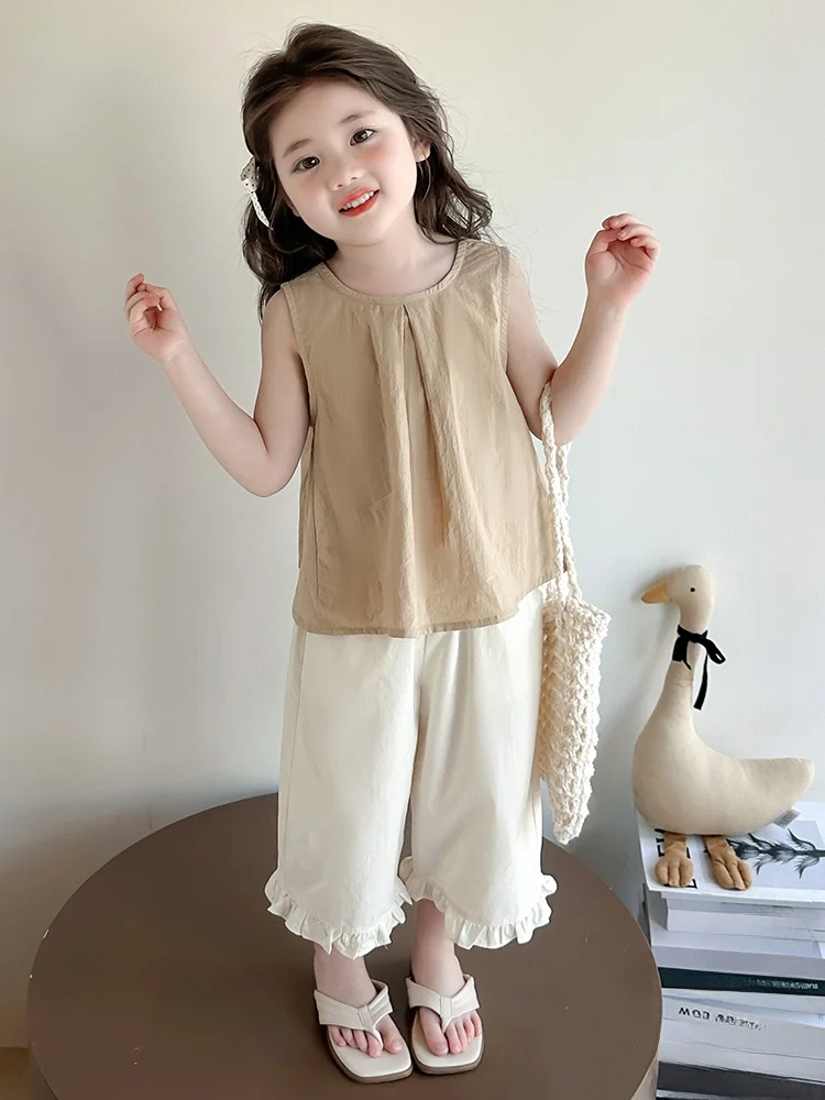 girls-summer-outfit-korean-style-sleeveless-vest-and-wide-leg-pants-casual-ruffle-detail-thin-cotton-set-for-ages-10