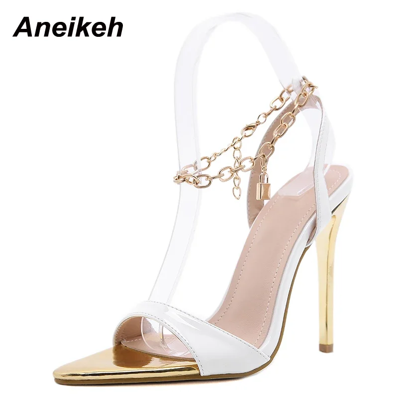 Aneikeh Summer Women Sandals Pink Sexy Pointed Toe High Heel Shoes Fashion Metal Chain Thin Heel Party Wedding Sandalias Mujer