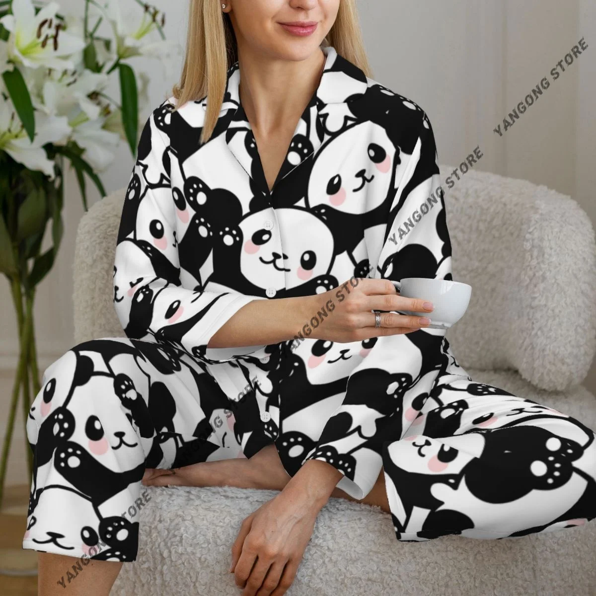 Spring and Autumn Long Sleeve Pants Pajamas Loungewear Set Cute Cartoon Panda Women's Pull Edge Loose Sleeping Suit