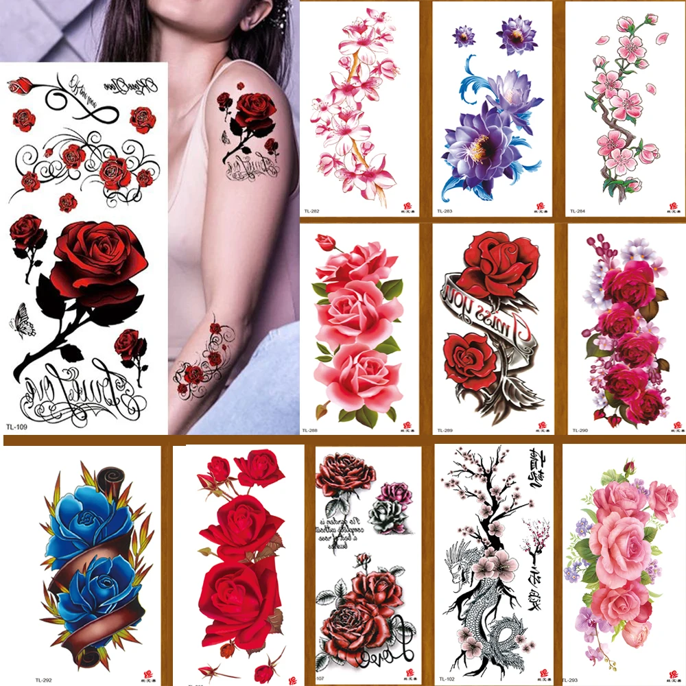 

12Pcs Tattoo sticker Flower Girls Rose Peony Flash Waterproof Temporary Tattoos Body Arm Art Shoulder DIY Women Sleeve Sticker