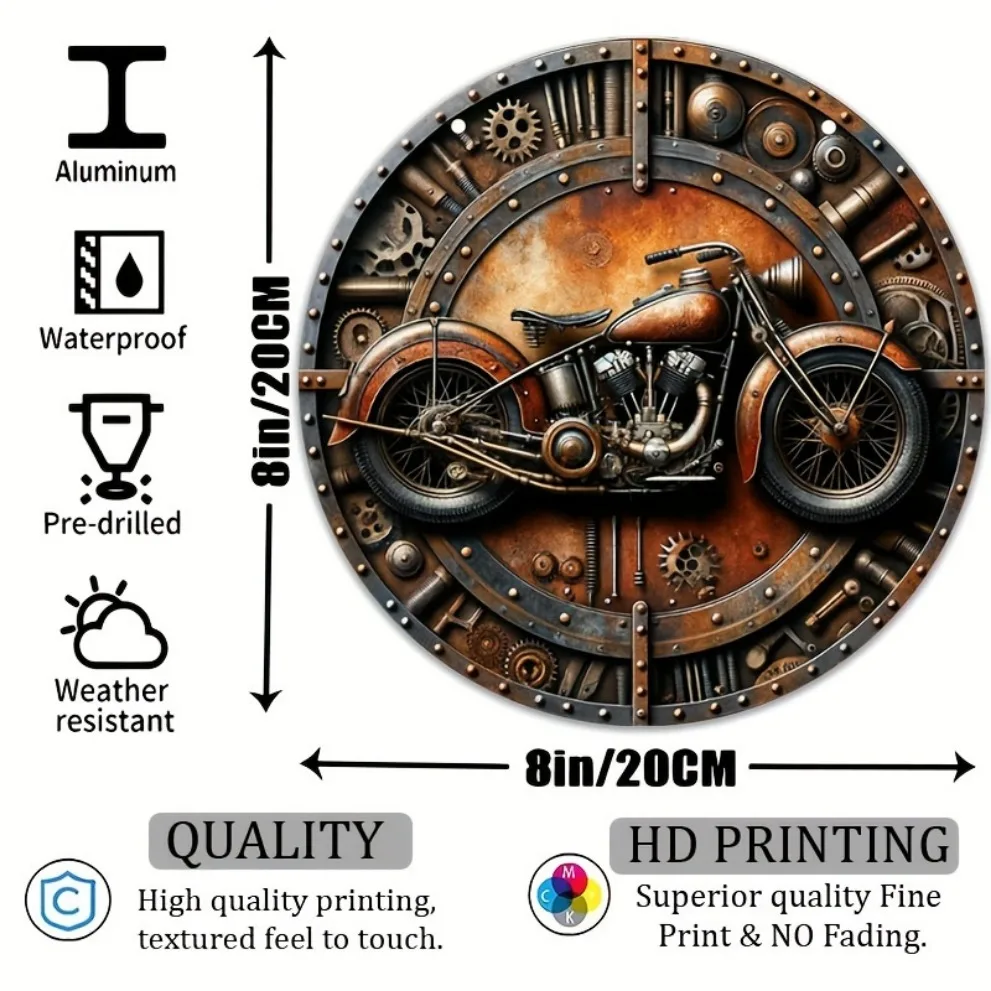 Steampunk Vintage Motorcycle Gear Pattern 2D flat Round Metal Tin Sign 7.87x7.87 Inch Rustic Wall Decor For Garage Workshop Bar