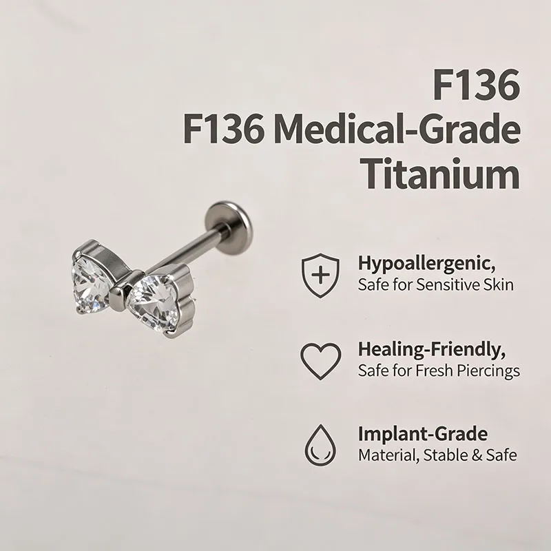 F136 titanium alloy bow-shaped stud earrings, nose studs - heart-shaped zirconium - 16G inner thread - sweet girl style - anti-a
