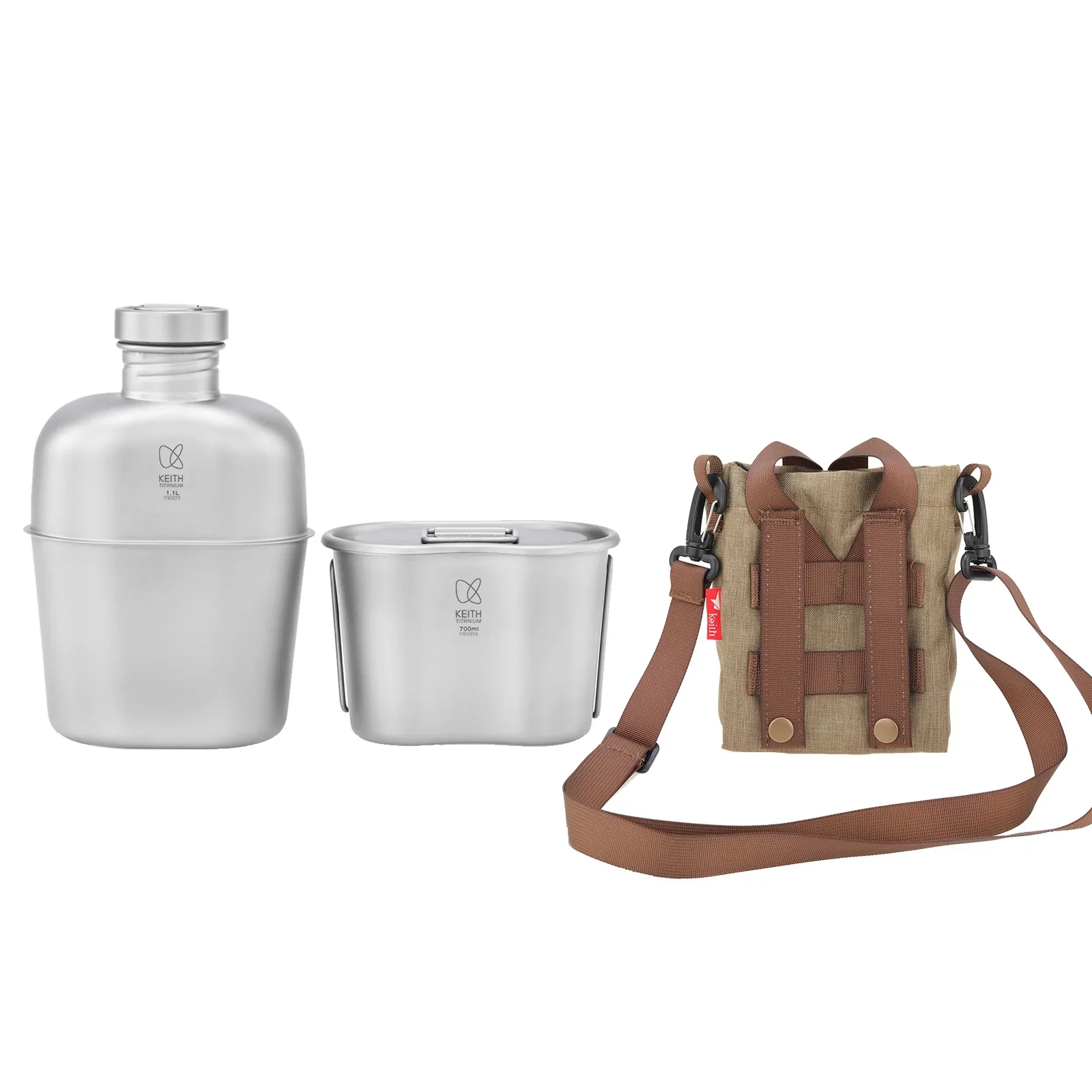 Keith Pure Titanium Authentic Plastic-Free Canteen Mess Kit with Ultralight Carry Pouch Kettle Camping Outdoor Water Bottle Set