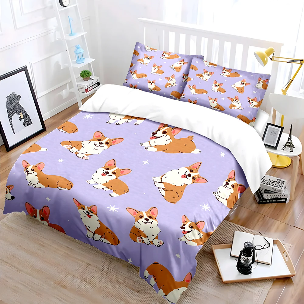 Cartoon corgi pattern purple background Print Bedding Set 1 Duvet Cover 2 Pillowcases for Adult Children Luxury Gift Full Size