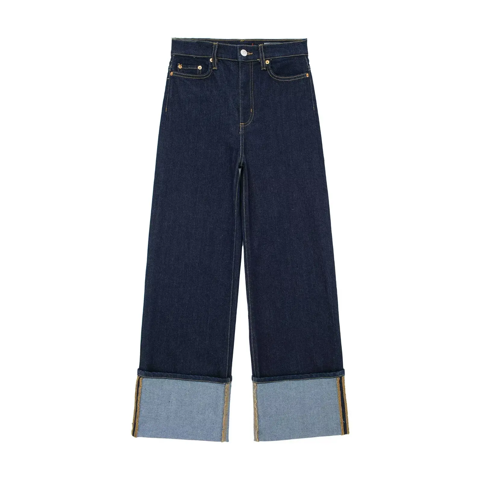 Tangada 2024 Women Blue Wide Leg Long Jeans Pants Trousers Pocket Female Denim Pants 3H0332