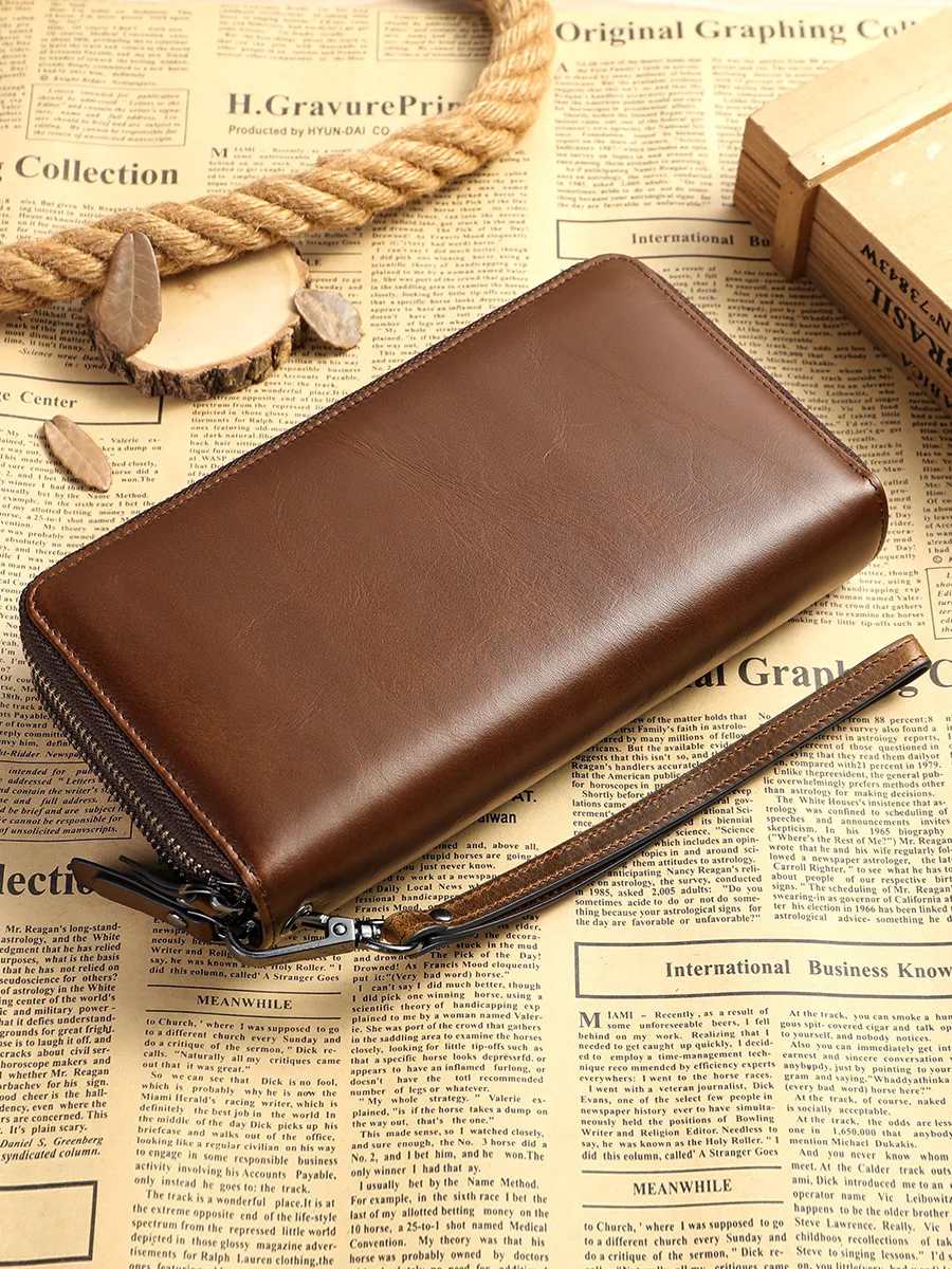 Fashion Luxury Genuine Leather Men\'s Wallet Clutch Bag Card Holder Long Wallets Double Zipper Large Capacity Vintage Male Purses