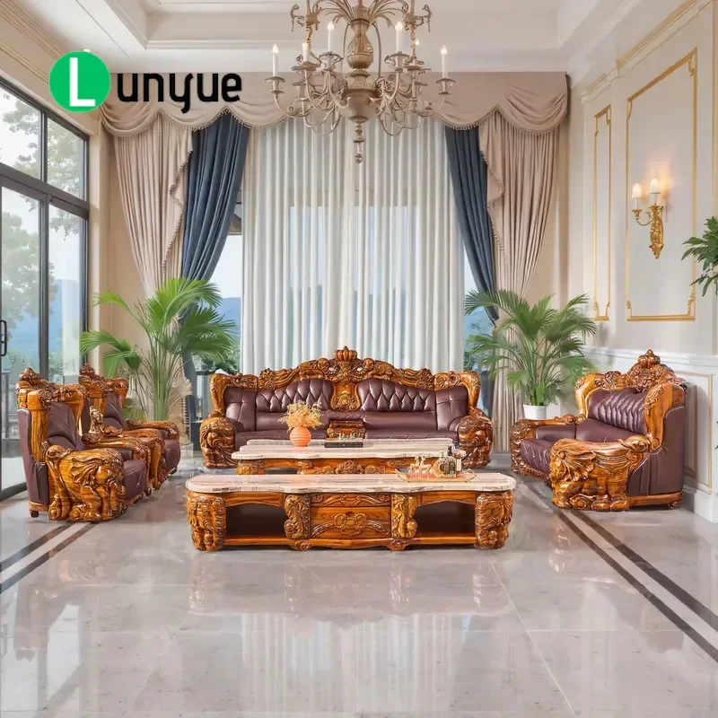 European New Chinese Solid Wood Carved Floral Leather Sofa Set 6 Seater Luxury Furniture for Large Villa Living Room Elegant