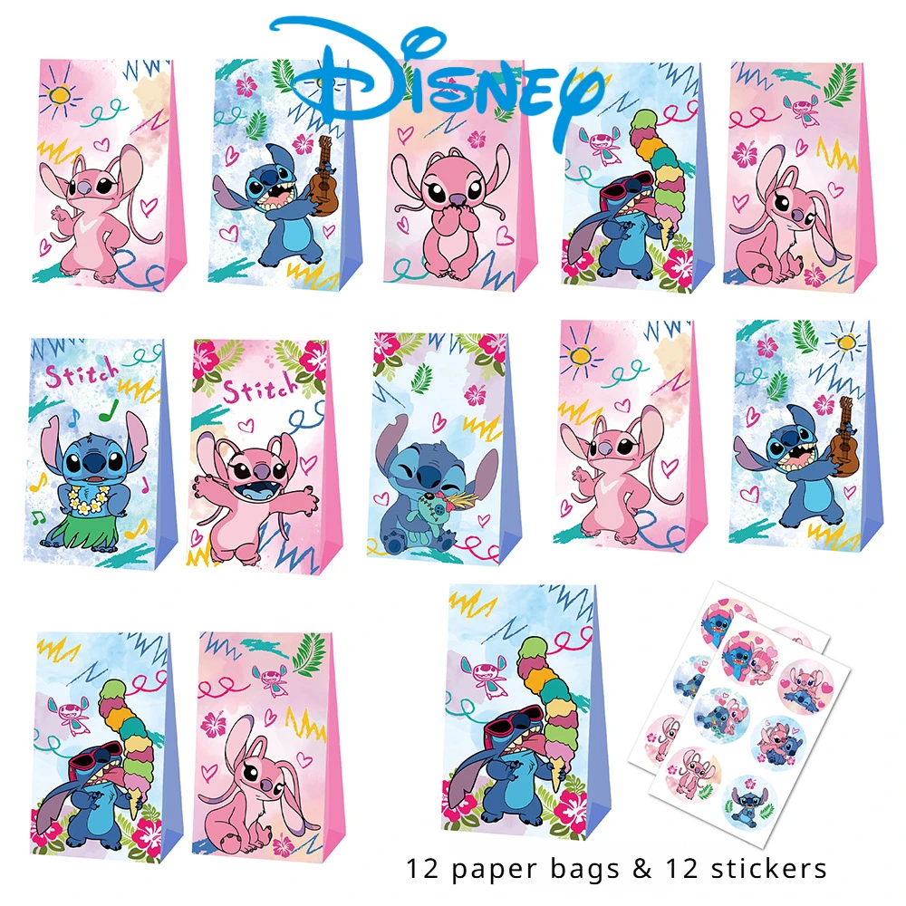 

24pcs Disney Lilo & Stitch Theme Creative Anime Kids Birthday Party Paper Bag Gift Bag Candy Gift Bag Stickers Children's Toys