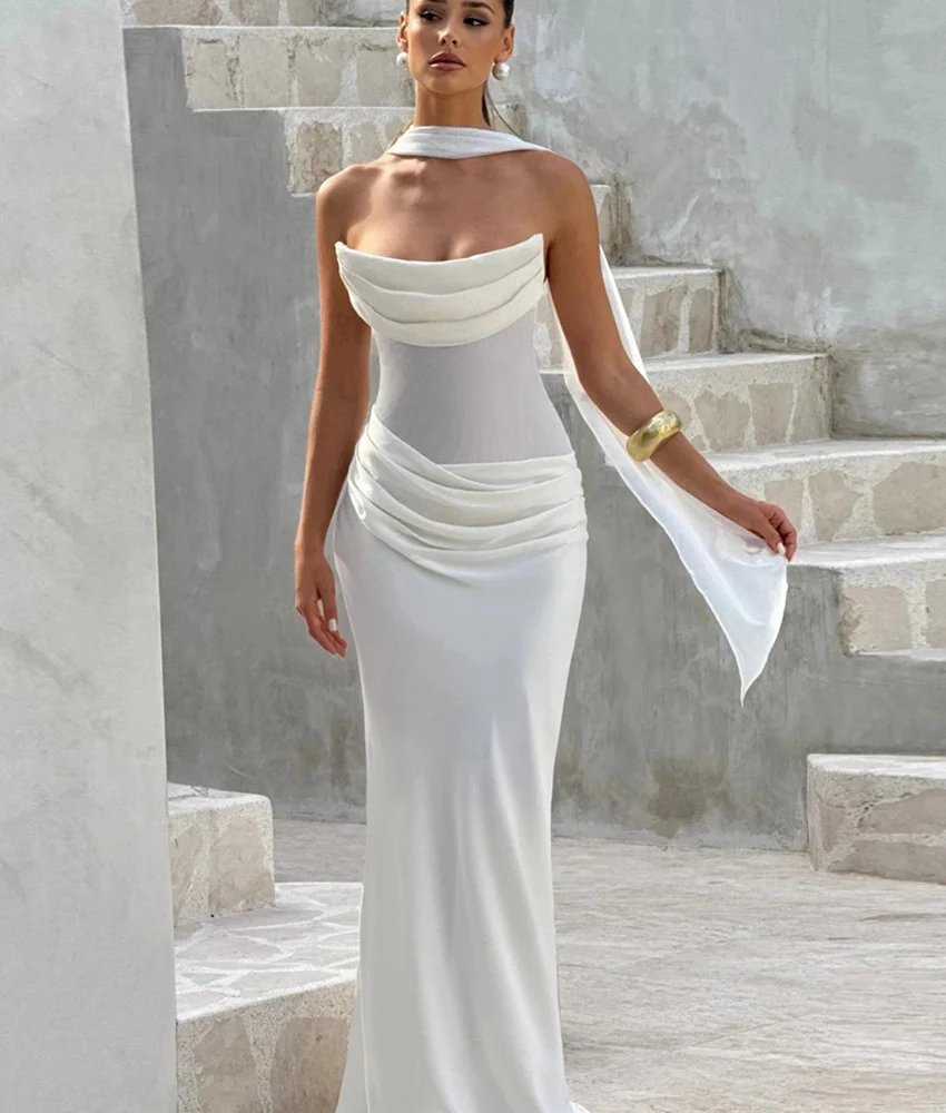 

Customized Sexy Jersey Mermaid Ribbons Evening Dress Temperament Sleeveless Strapless Floor Length Special Occasion Gowns