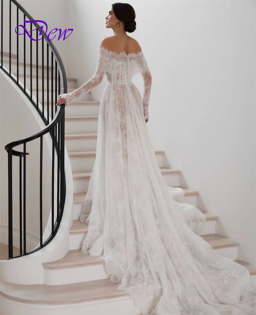 Vestidos De Novia De encaje blanco elegantes personalizados, Vestido De Novia bohemio sin tirantes De manga larga, Vestido De Novia De ensueño con corte en A