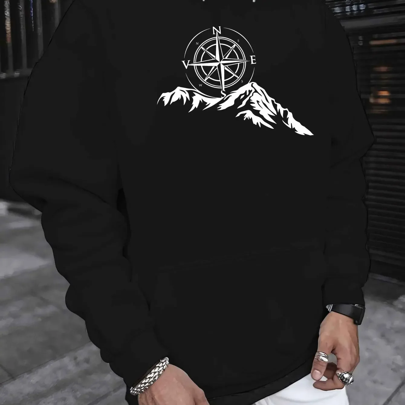 Men'S Casual Hooded Sweatshirt with Mountain Compass Print 100% Polyester Knit Fabric Long Sleeve Regular Fit